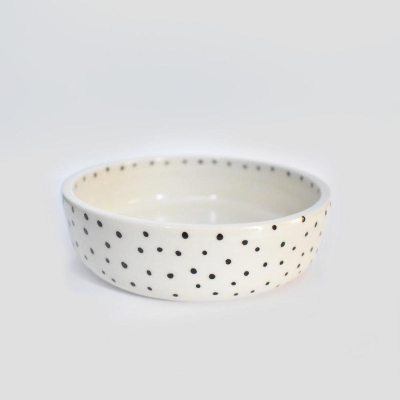 large polkadot ceramic dog bowl